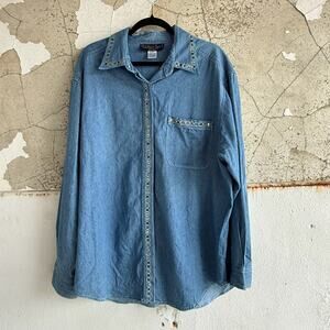 Vintage Embellished Denim Shirt Beaded Collar Western Snap Top‎ Blue 1X Cotton